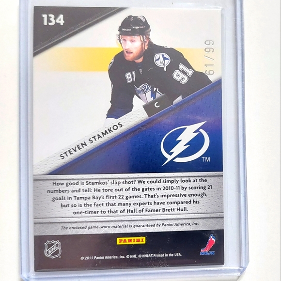 Steven Stamkos Panini Certified Hockey Fabric of the Game Card 2011-12 61/99 - Picture 2 of 2